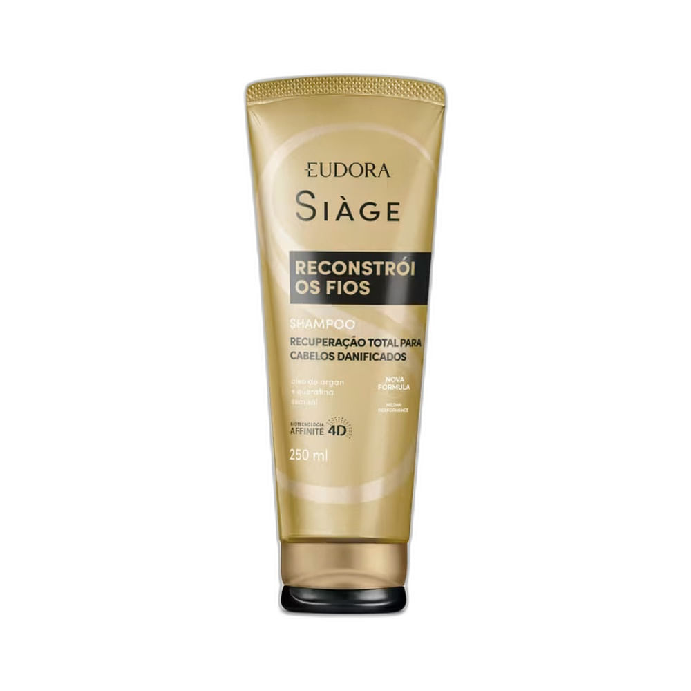 Shampoo Siàge Reconstrói Fios da Eudora, embalagem dourada com tampa preta 250ml